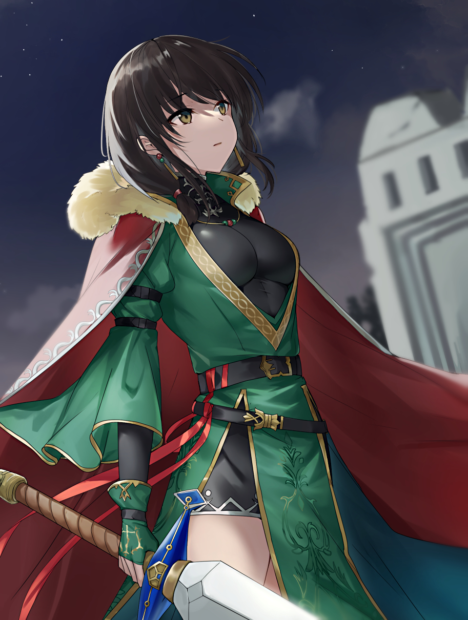 1girl, belt, black_hair, blurry, breasts, brown_eyes, cape, depth_of_field