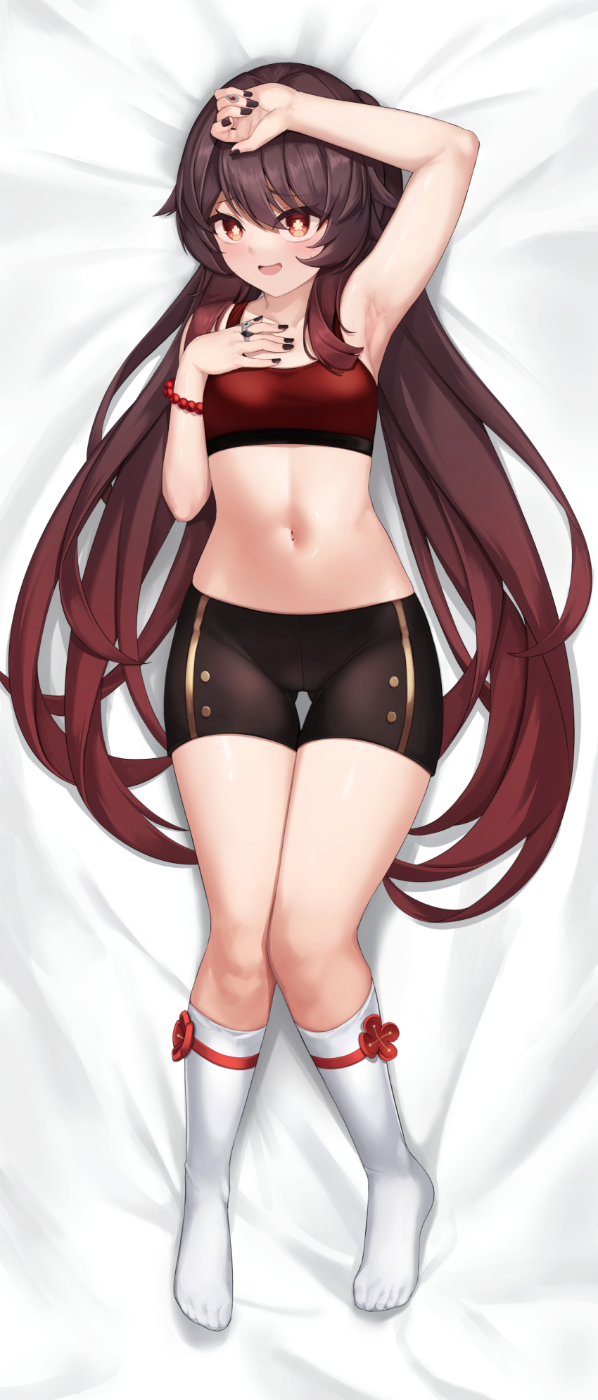 1girl, absurdres, armpits, black_nails, breasts, brown_hair, feet, full_body, genshin_impact, hand_on_own_chest, highres, hu_tao_(genshin_impact), kurotsubete, legs, long_hair, lying, midriff, multicolored_hair, nail_polish, navel, on_back, red_eyes, red_hair, shorts, small_breasts, smile, socks, solo, sports_bra, symbol-shaped_pupils, twintails, two-tone_hair, very_long_hair