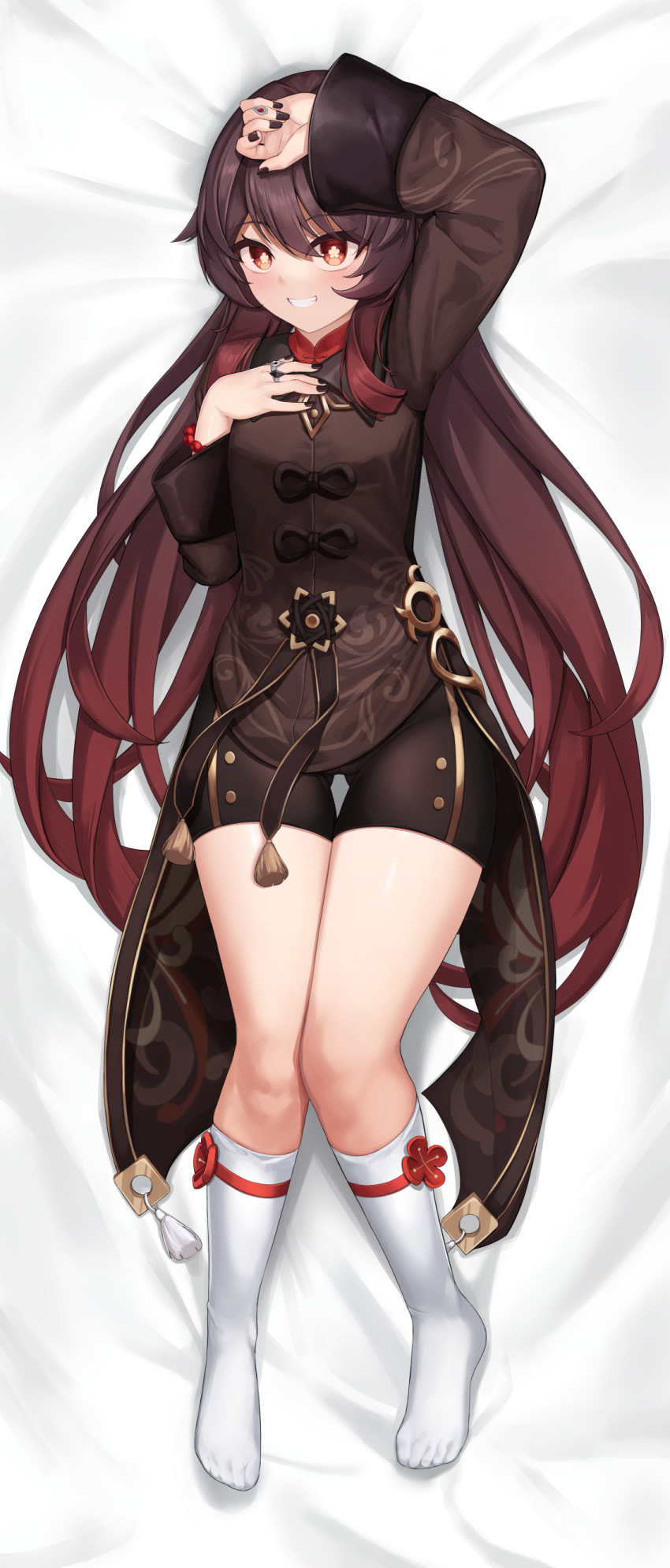 1girl, absurdres, black_nails, breasts, brown_hair, dakimakura_(medium), feet, full_body