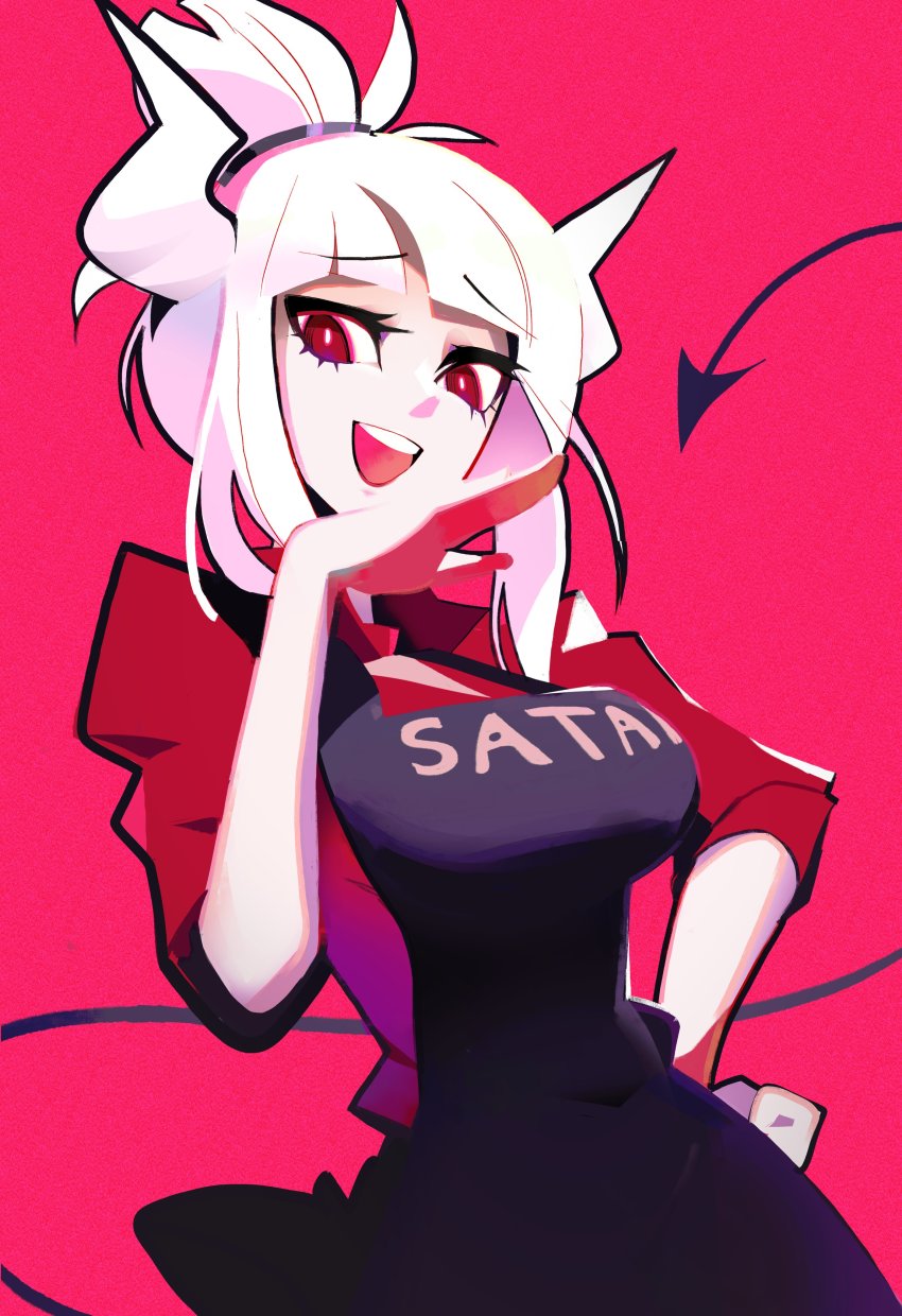 1girl, absurdres, apron, black_tail, breasts, clothes_writing, collared_shirt, commentary