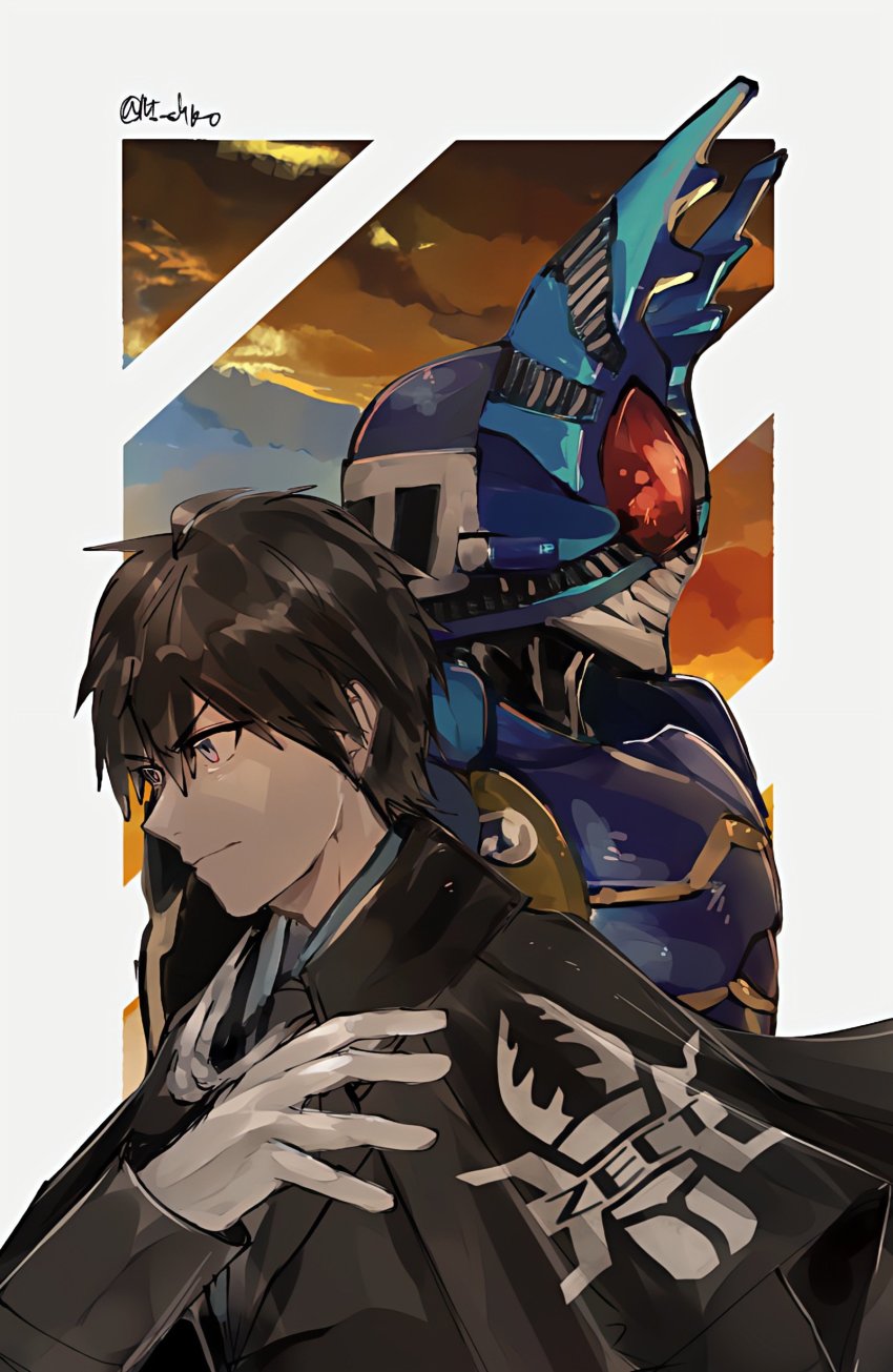 absurdres, adjusting_clothes, armor, black_cape, black_hair, black_suit, blue_armor, bug