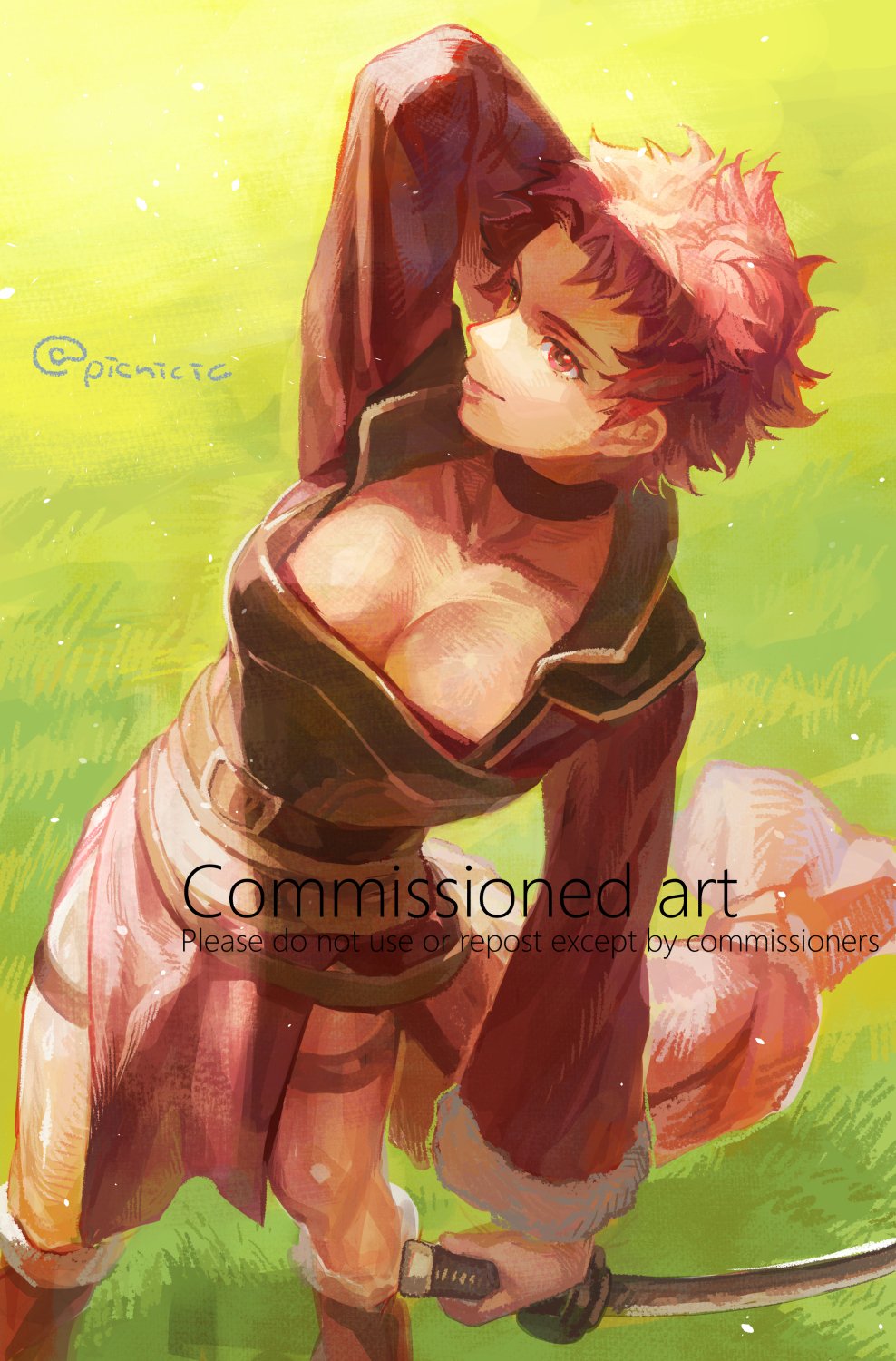1girl, alternate_costume, breasts, choker, closed_mouth, fire_emblem, fire_emblem_awakening, highres, holding, holding_sword, holding_weapon, large_breasts, leather_belt, nintendo, picnicic, red_eyes, red_hair, short_hair, sully_(fire_emblem), sword, thighs, upper_body, weapon