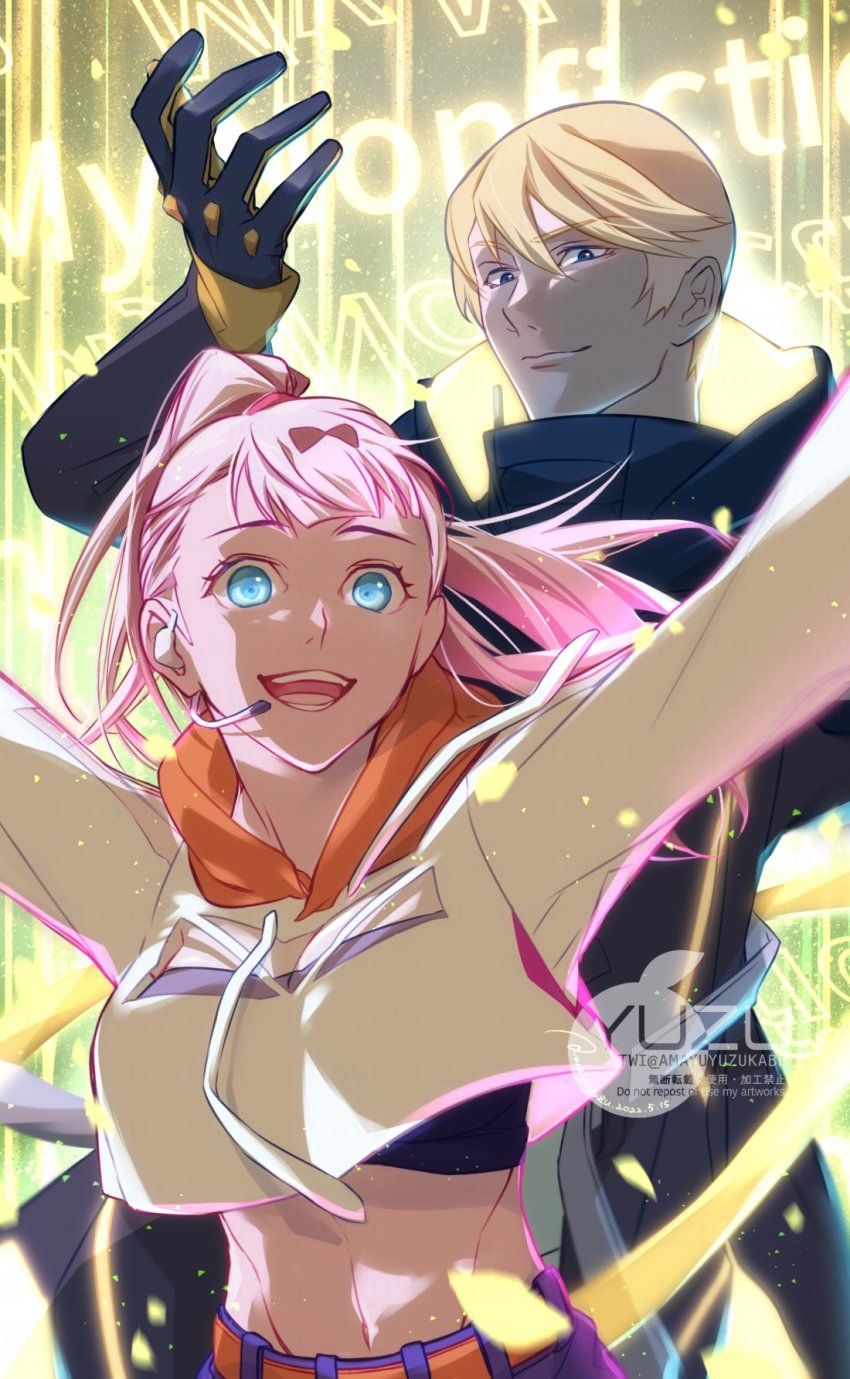 1boy, 1girl, alternate_hairstyle, amayu_yuzukabe, arm_up, belt, black_bow, black_coat, black_gloves, blonde_hair, blue_eyes, bow, coat, collared_jacket, commentary_request, cropped_hoodie, dated, drawstring, fujiwara_chika, gloves, glowing_clothes, hair_bow, hand_up, headset, high_collar, highres, hood, hood_down, hoodie, jacket, kaguya-sama_wa_kokurasetai_~tensai-tachi_no_renai_zunousen~, long_hair, long_sleeves, midriff, my_nonfiction, navel, official_alternate_costume, pants, pink_hair, ponytail, purple_pants, shirogane_miyuki, short_hair, signature, smile, studded_gloves, teeth, twitter_username, upper_body, watermark, white_hoodie