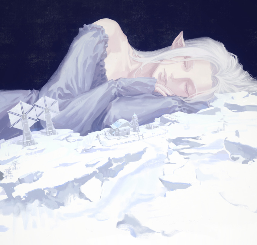 1girl, absurdres, bare_shoulders, blue_background, blue_dress, building, collarbone, dress