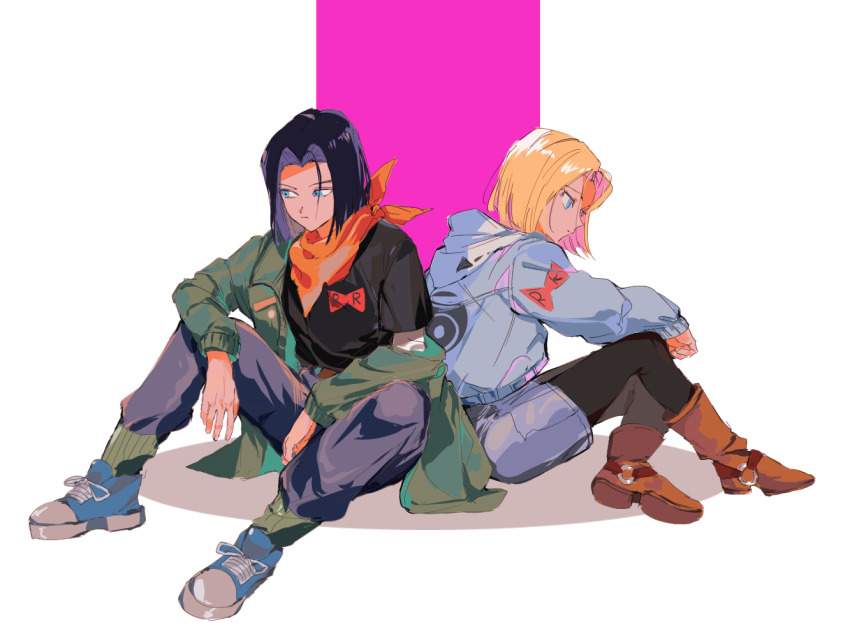 android_17, android_18, back-to-back, bandana, black_hair, black_legwear, black_shirt, blonde_hair