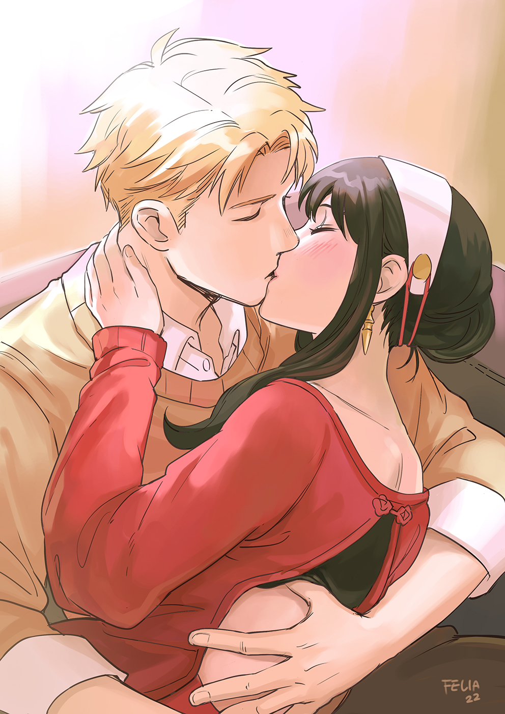 1boy, 1girl, artist_name, black_hair, blonde_hair, blush, closed_eyes, collared_shirt, earrings, felia_hanakata, hairband, hand_on_another's_back, hand_on_another's_neck, hetero, highres, hug, jewelry, kiss, long_sleeves, red_sweater, shirt, short_hair, sidelocks, sleeves_rolled_up, spy_x_family, sweater, twilight_(spy_x_family), white_hairband, yor_briar