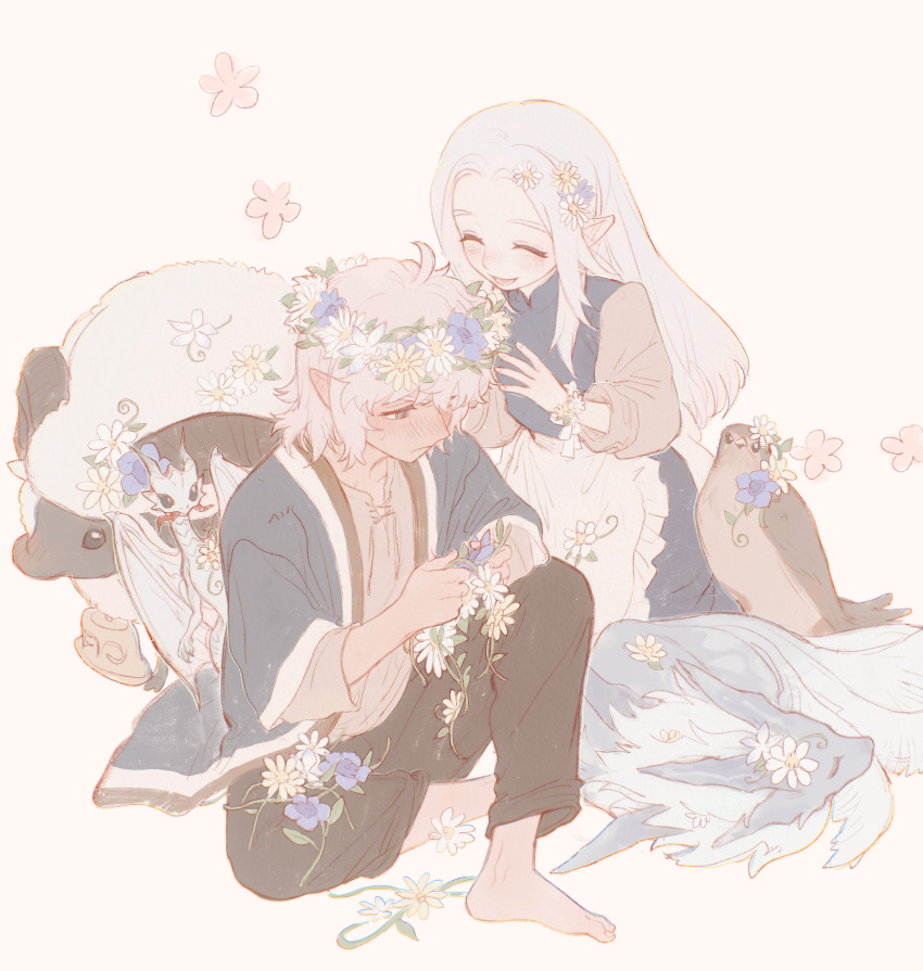 1boy, 1girl, ^_^, absurdres, aged_down, ahoge, apron, barefoot