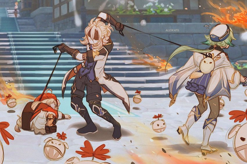 1boy, 2girls, albedo_(genshin_impact), aleikats, backpack, bag, black_footwear, black_gloves