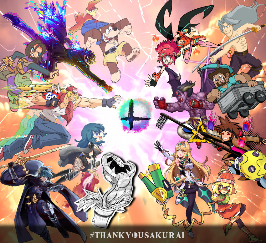 absurdres, amamiya_ren, artist_collaboration, banjo_(banjo-kazooie), black_hair, blonde_hair, blue_hair, female_byleth_(fire_emblem), male_byleth_(fire_emblem), cosplay, fire_emblem, gambit, gambit_(cosplay), hero_(dq11), highres, joshdamn23, kazooie_(banjo-kazooie), kornart, mag_(magdraws), marvel, min_min_(arms), mishima_kazuya, mythra_(xenoblade), nintendo, open_mouth, piranha_plant, pyra_(xenoblade), red_hair, sephiroth, smash_ball, sora_(kingdom_hearts), steve_(minecraft), super_smash_bros., terry_bogard, white_hair, x-men, yamagiwajustin