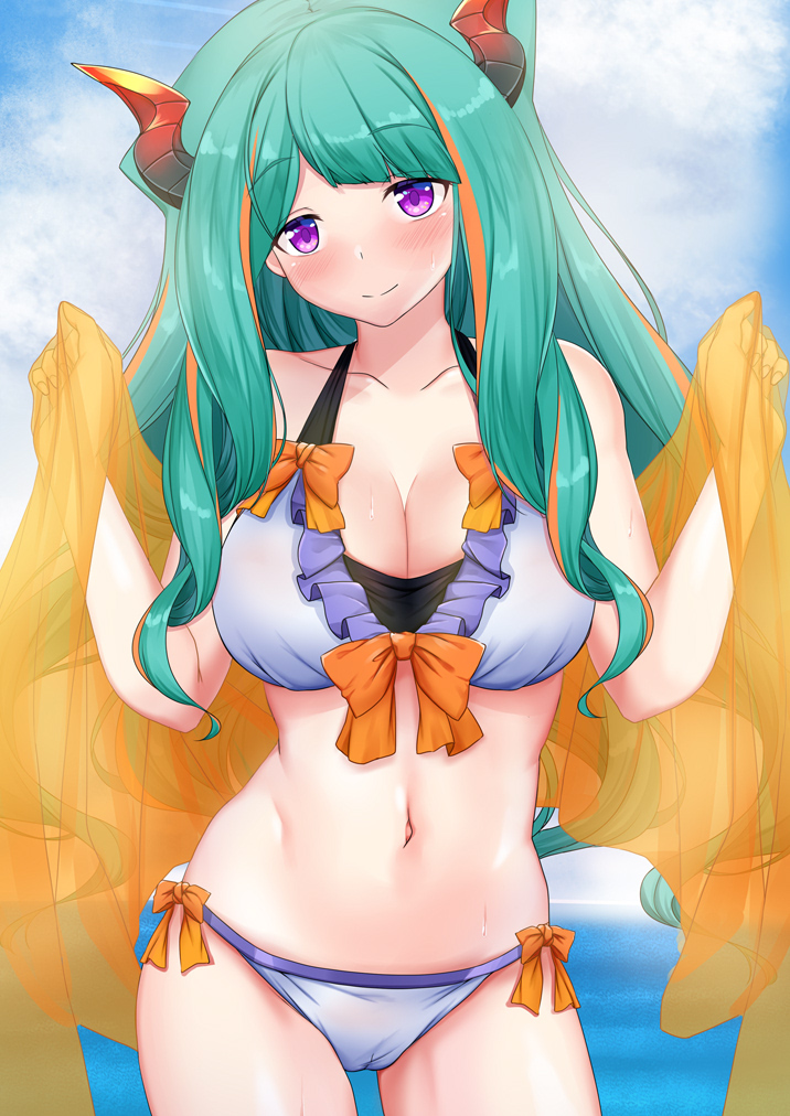 1girl, bikini, bow, bow_bikini, breasts, character_request, cleavage, closed_mouth