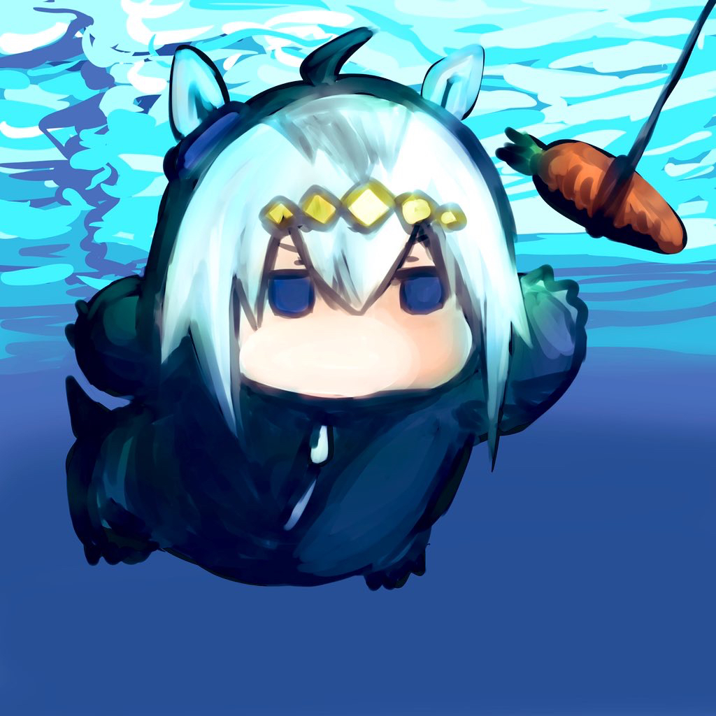 1girl, animal_ears, blue_eyes, carrot, chibi, dinosaur_costume, floating, hair_between_eyes