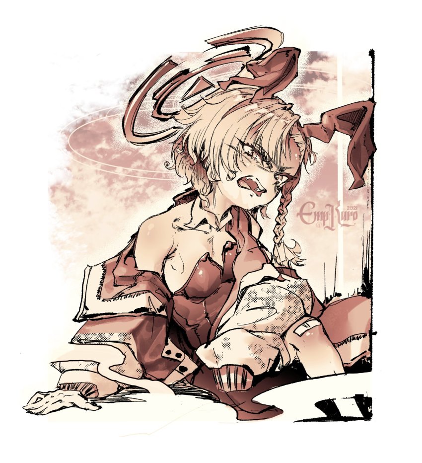 1girl, angry, animal_ears, bandaid, bandaid_on_knee, bandaid_on_leg, blue_archive, braid