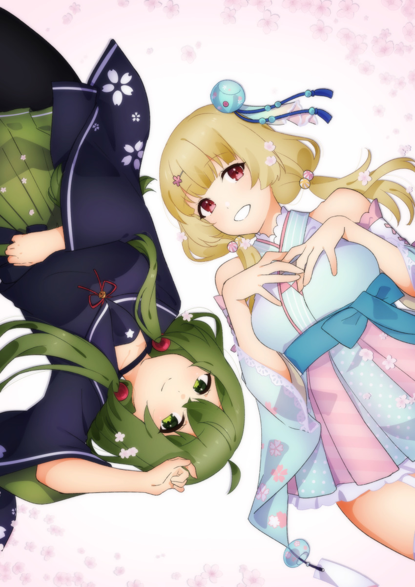 2girls, bare_shoulders, black_choker, black_legwear, black_sailor_collar, black_shirt, blonde_hair, blue_bow, blue_kimono, blue_sleeves, bow, breasts, choker, closed_mouth, detached_sleeves, fuuka_rin, green_eyes, green_hair, green_skirt, grin, hair_bobbles, hair_ornament, hands_up, highres, indie_virtual_youtuber, japanese_clothes, kimono, kitasaya_ai, long_hair, long_sleeves, looking_at_viewer, low_twintails, medium_breasts, multiple_girls, pantyhose, pleated_skirt, red_eyes, sailor_collar, sakura_aoi_(greentea_oic), shirt, skirt, sleeveless, sleeveless_kimono, smile, twintails, virtual_youtuber, wide_sleeves
