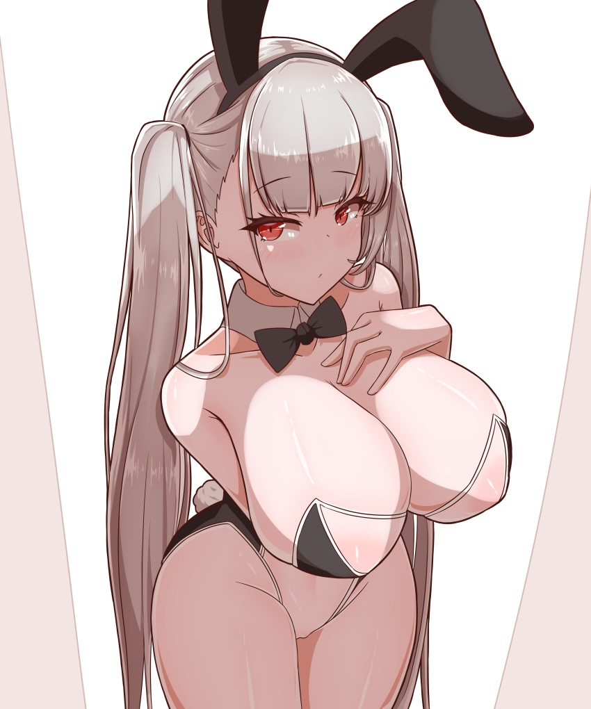 1girl, absurdres, animal_ears, arm_under_breasts, azur_lane, black_bow, black_bowtie, bow, bowtie, breasts, detached_collar, fake_animal_ears, fake_tail, formidable_(azur_lane), from_above, grey_hair, hand_on_own_chest, highres, korean_commentary, large_breasts, leotard, long_hair, looking_at_viewer, playboy_bunny, rabbit_ears, rabbit_tail, red_eyes, see-through_clothes, see-through_leotard, simple_background, solo, soranotsuno, strapless, strapless_leotard, tail, traditional_bowtie, translucent_bunnysuit, twintails, very_long_hair, white_background