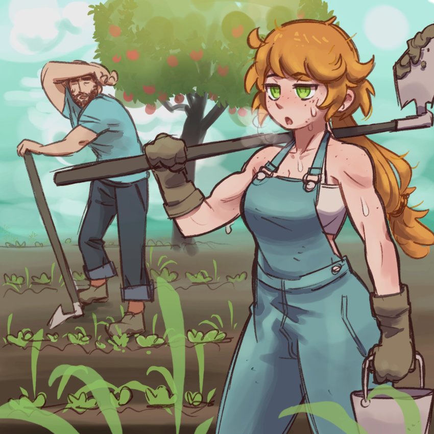 1boy, 1girl, alex_(minecraft), beard, black_pants, blue_overalls, blue_shirt, blush, brown_footwear, brown_gloves, brown_hair, bucket, facial_hair, feet_out_of_frame, gloves, green_eyes, half-closed_eyes, highres, holding, holding_bucket, holding_shovel, long_hair, minecraft, orange_hair, overalls, pants, ponytail, shirt, shoes, short_hair, short_sleeves, shovel, steve_(minecraft), tateoftot, toned, toned_female, tree
