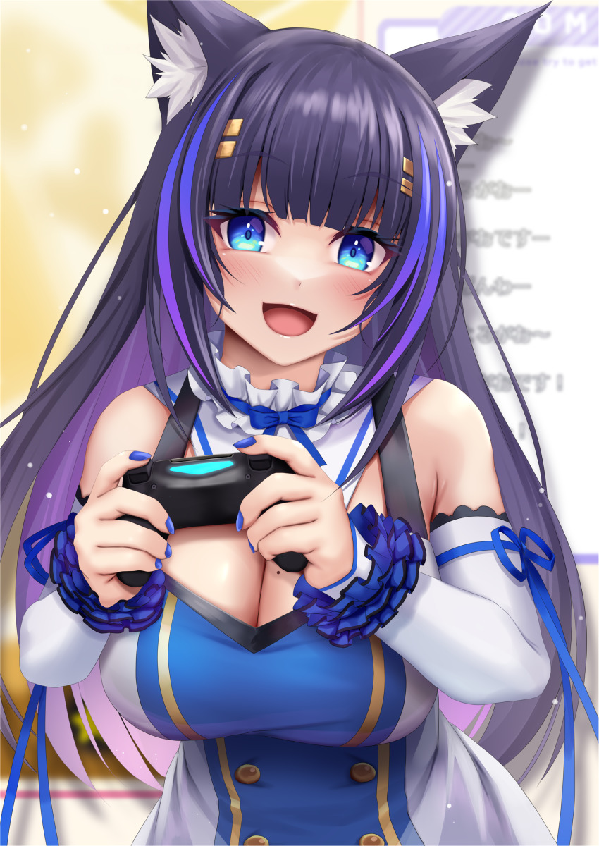 1girl, :d, absurdres, animal_ear_fluff, animal_ears, black_hair, blue_bow, blue_eyes