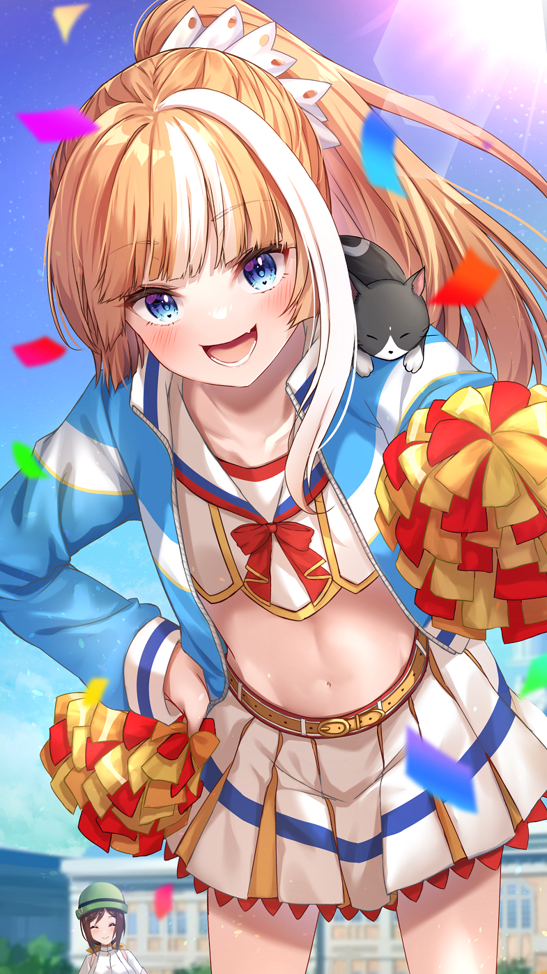 2girls, akikawa_yayoi_(umamusume), alternate_costume, alternate_hairstyle, belt, blue_eyes, breasts, cat