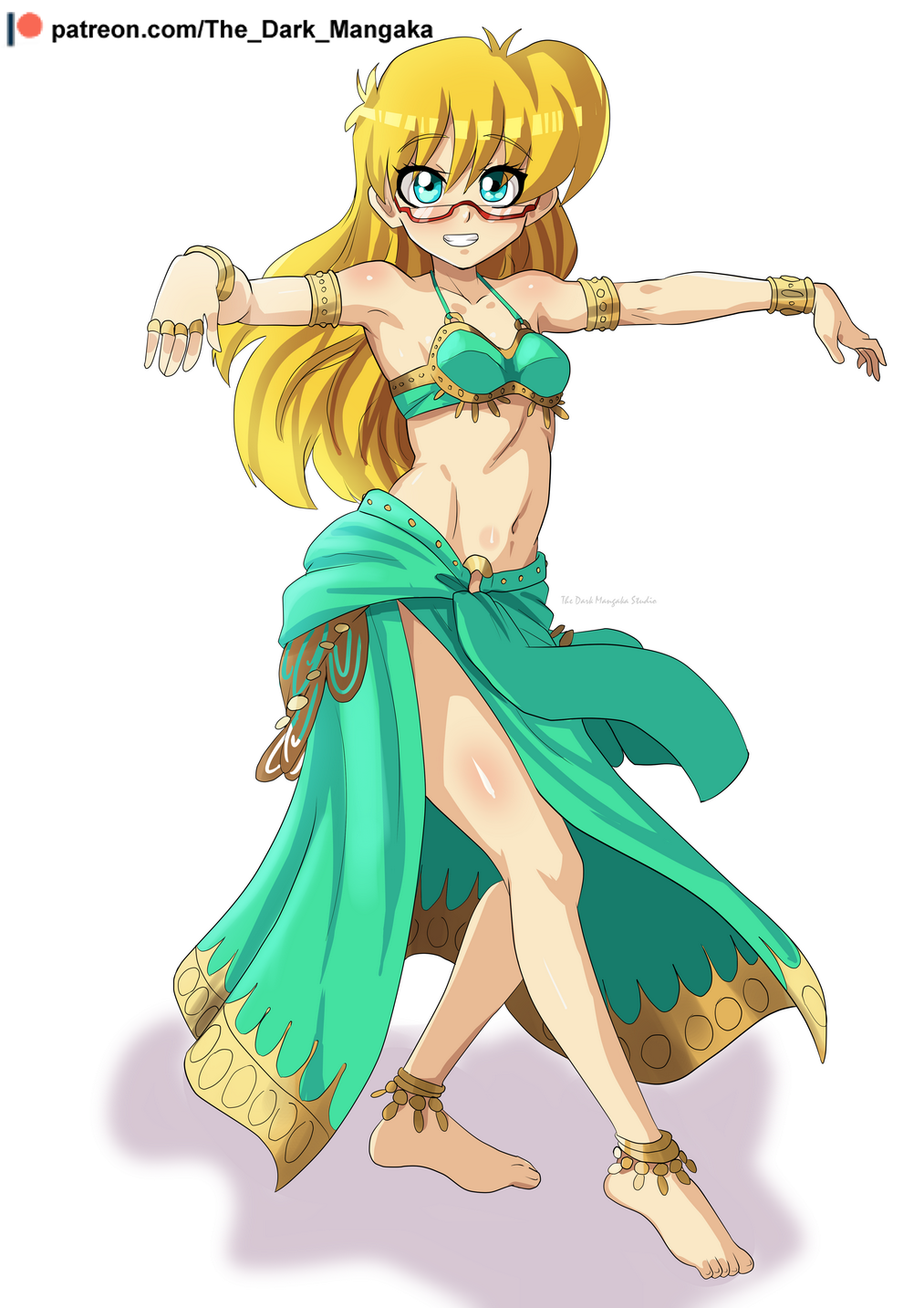1girl, aqua_eyes, armlet, artist_name, barefoot, blonde_hair, bracelet, dancing, female_focus, full_body, glasses, grin, highres, jewelry, long_hair, looking_at_viewer, parted_lips, rebecca_hopkins, red-framed_eyewear, shadow, simple_background, smile, solo, the_dark_mangaka, white_background, yu-gi-oh!, yu-gi-oh!_duel_monsters