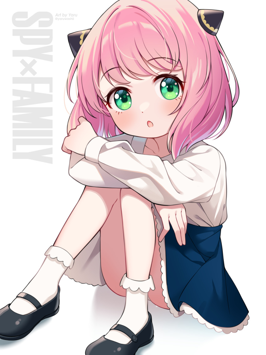 :o, absurdres, anya_(spy_x_family), ass, baby_doll_socks, black_shoes, blue_skirt, blush, green_eyes, hair_between_eyes, hair_ornament, highres, hugging_own_legs, long_sleeves, mary_janes, multicolored_hair, open_mouth, panties, pantyshot, pink_hair, shirt, shoes, short_hair, skirt, socks, spy_x_family, underwear, white_shirt, yaruwashi