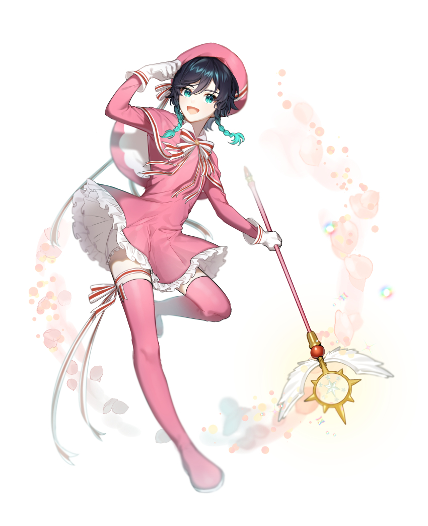 absurdres, aqua_hair, black_hair, bow, bowtie, braid, cardcaptor_sakura, cardcaptor_sakura_clear_card_arc, dress, genshin_impact, gradient_hair, green_eyes, hat, highres, kinomoto_sakura, kinomoto_sakura_(silk_ribbon), kkopoli, mace, male_focus, multicolored_hair, open_mouth, pink_dress, pink_legwear, smile, striped_bow, striped_bowtie, striped_clothes, trap, twin_braids, venti_(genshin_impact), weapon, white_background