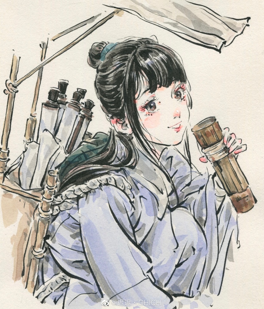 bag, black_hair, blue_dress, chichi_chichi, dress, hair_bun, hair_tie, highres