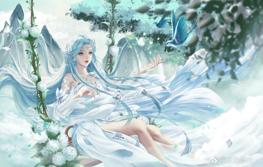 1girl, absurdres, bare_legs, bird, blue_hair, cloud, douluo_dalu, dress