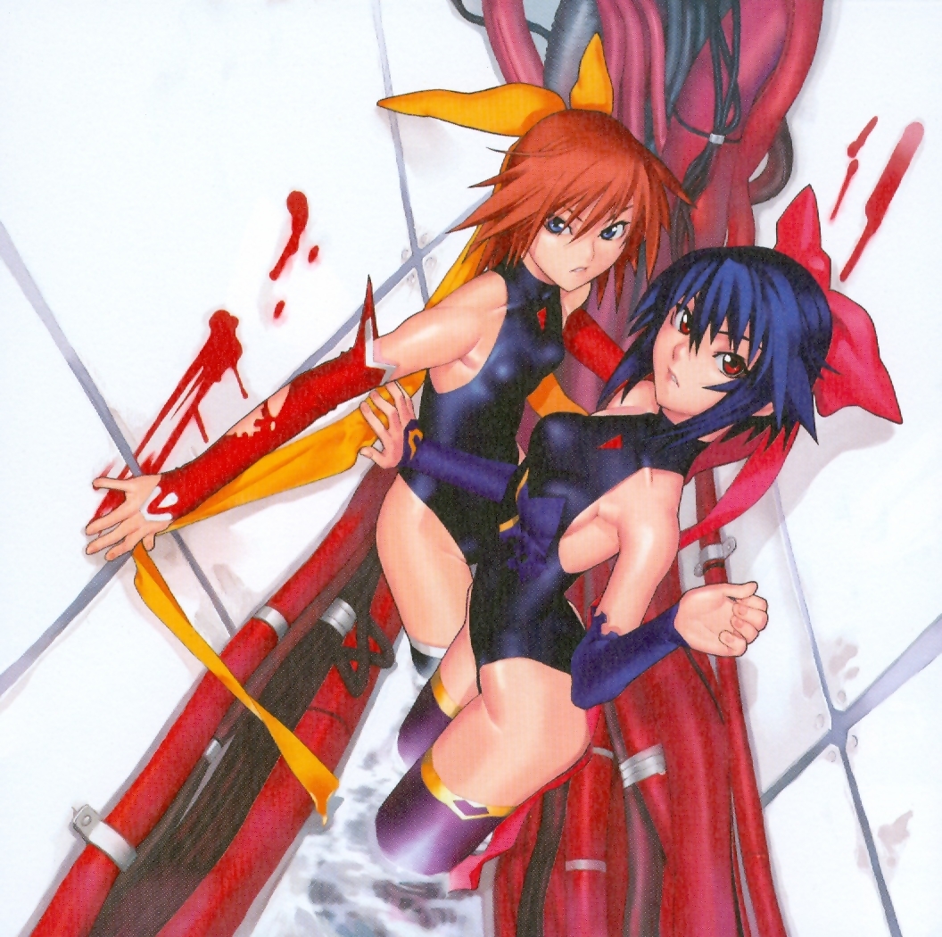 2girls, against_wall, blood, blue_eyes, blue_hair, breasts, brown_hair, cable, detached_sleeves, flat_chest, hair_ribbon, hakua_ugetsu, kagano_ai, large_breasts, leotard, magical_girl, mahou_shoujo_ai, mahou_shoujo_ai_2, multiple_girls, purple_thighhighs, red_eyes, ribbon, rin_(mahou_shoujo_ai), scan, short_hair, sideboob, thighhighs, thighs, torn_clothes, turtleneck, wading, water