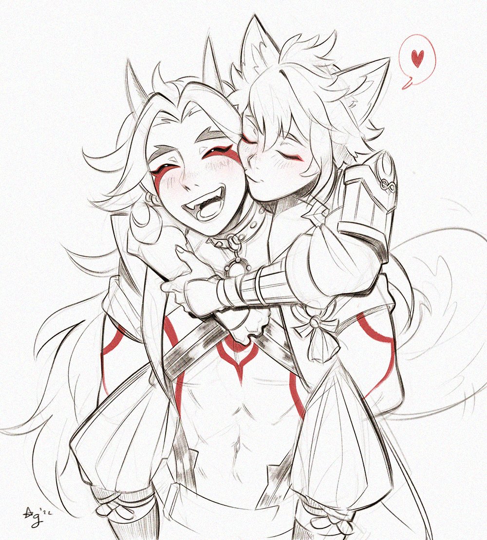 2boys, abs, aleikats, animal_ears, arataki_itto, armor, bodypaint, closed_eyes