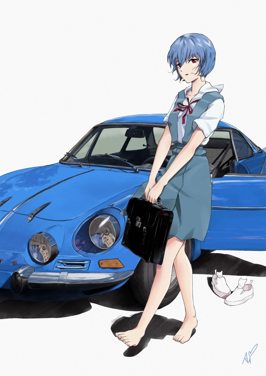 1girl, absurdres, aishiteiruyo, ayanami_rei, bag, blue_car, blue_hair, bow, car, highres, neon_genesis_evangelion, red_bow, red_eyes, renault, renault_alpine_a110, school_bag, uniform, vehicle_focus