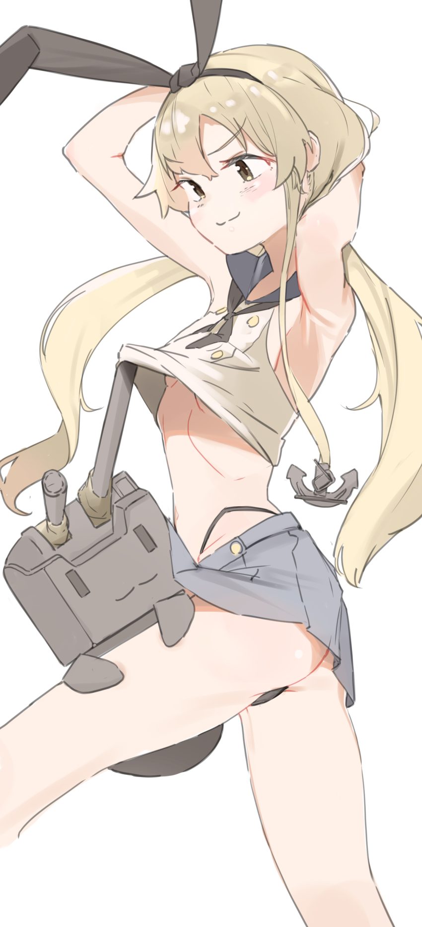 1girl, absurdres, alternate_hairstyle, anchor_hair_ornament, black_hairband, black_panties, blonde_hair, co_botan