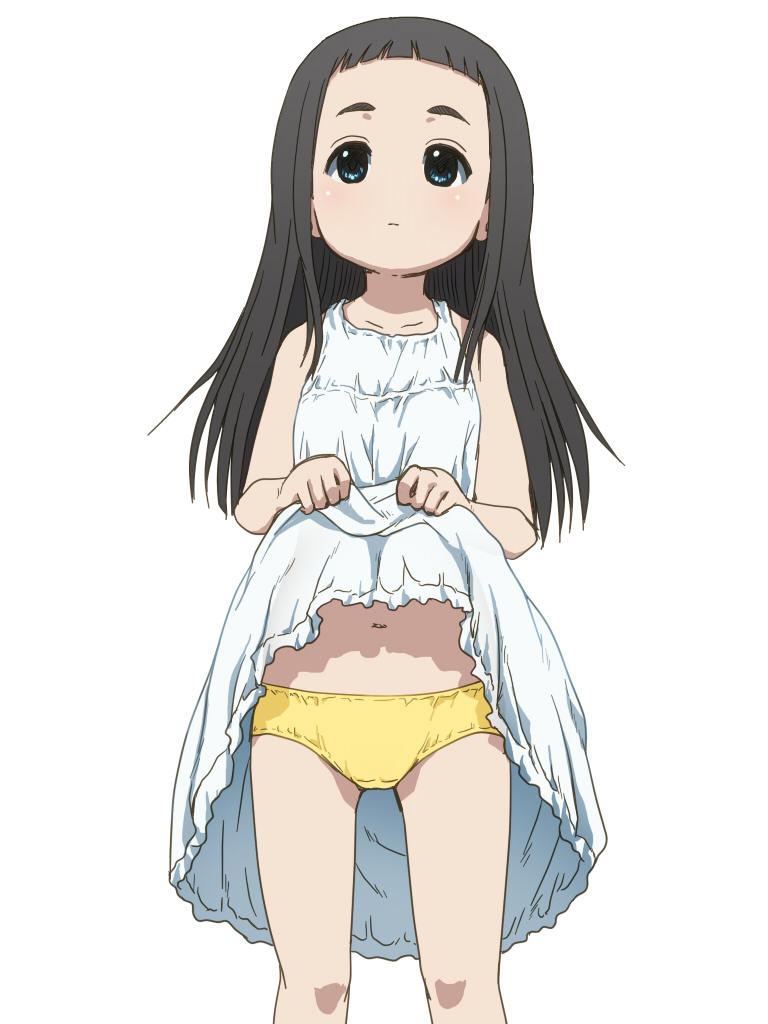 1girl, awa, black_hair, blue_eyes, closed_mouth, clothes_lift, collarbone, dress