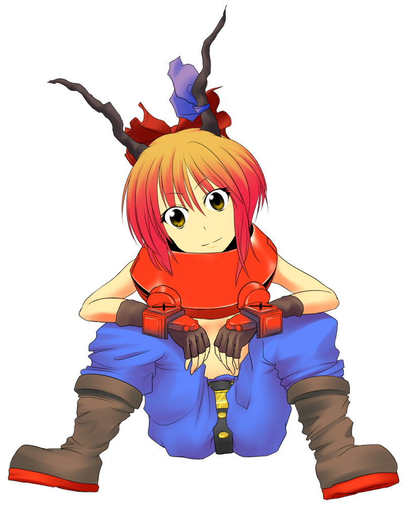 1girl, arc_system_works, bow, cosplay, female_focus, fingerless_gloves, gloves, gradient_hair