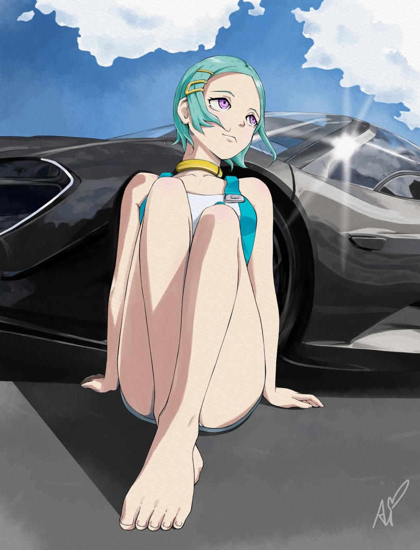 1girl, absurdres, aishiteiruyo, cloud, collar, dress, eureka_(eureka_seven), eureka_seven, eureka_seven_(series), hair_ornament, hairclip, highres, mclaren, mclaren_speedtail, panties, purple_eyes, short_hair, sky, underwear, uniform