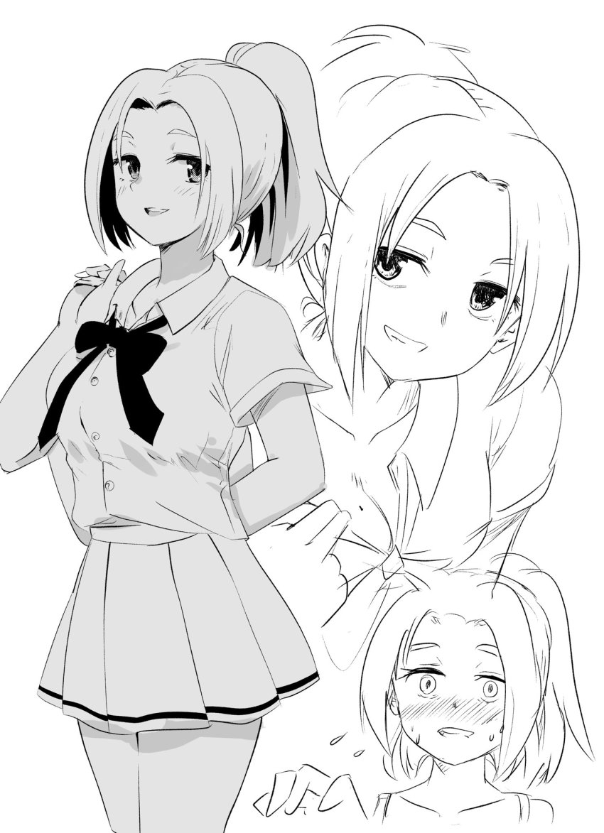 1girl, anna_(watamote), arm_behind_back, blush, bow, bowtie, breasts, buttons