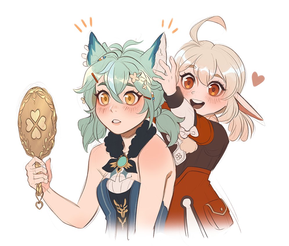 2girls, ahoge, aleikats, animal_ears, blonde_hair, blush, cat_ears, coat