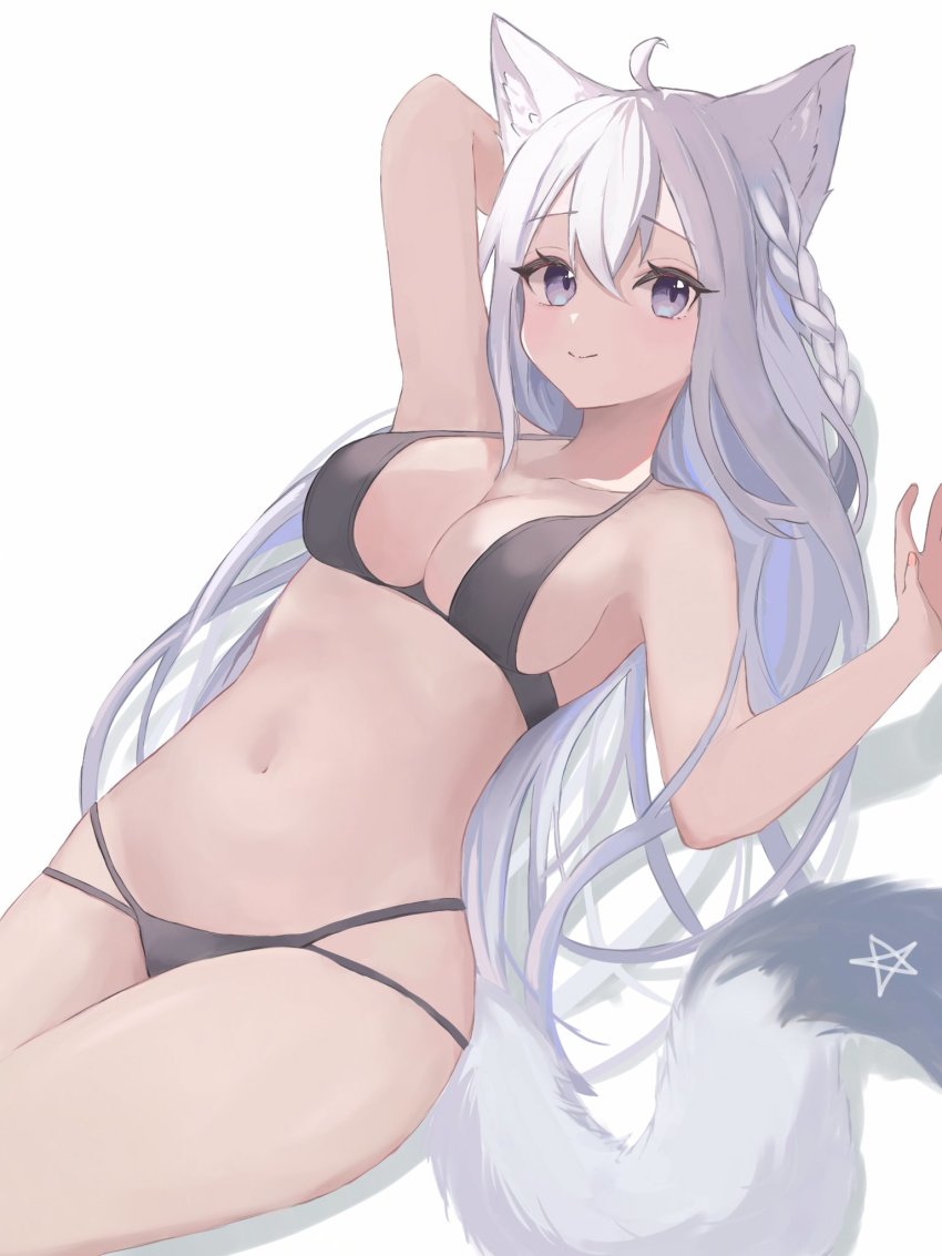 1girl, ahoge, animal_ear_fluff, animal_ears, ao_kotoha, arm_behind_head, arm_up, bare_arms, bikini, black_bikini, braid, breasts, cowboy_shot, fox_ears, fox_tail, grey_eyes, hair_between_eyes, halterneck, highres, hololive, long_hair, looking_at_viewer, lying, medium_breasts, multi-strapped_bikini, navel, on_back, shirakami_fubuki, simple_background, smile, solo, stomach, swimsuit, tail, thighs, virtual_youtuber, white_background, white_hair, white_tail