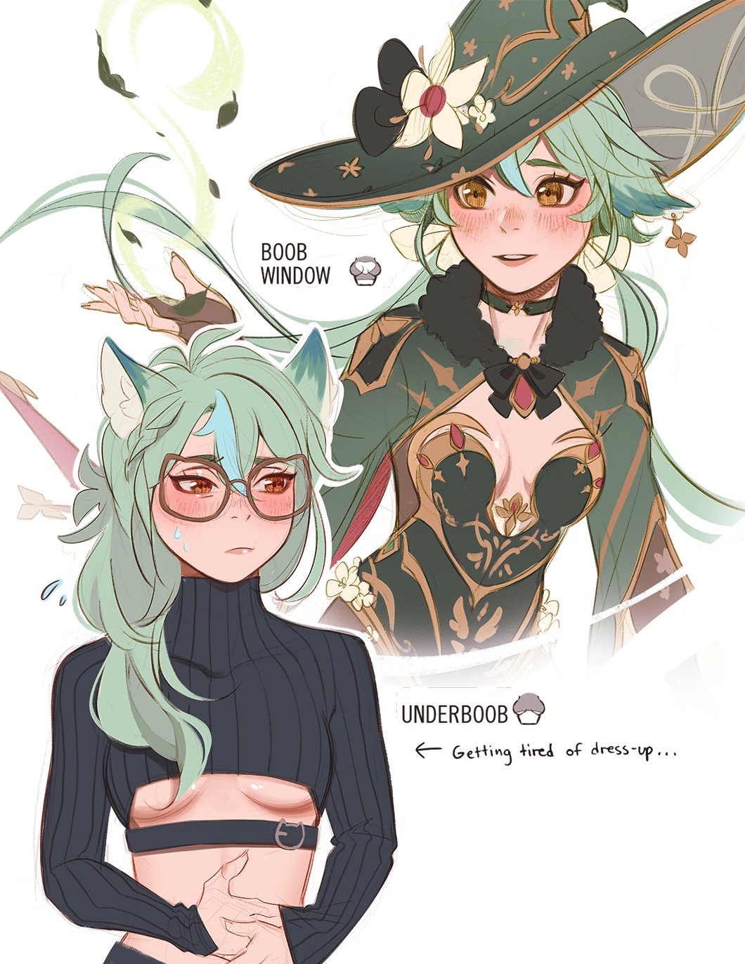 1girl, aleikats, alternate_color, alternate_costume, alternate_element, animal_ears, black_sweater, bow, breasts, cat_ears, choker, cleavage, cosplay, earrings, floral_print, flower, fur_trim, genshin_impact, glasses, green_choker, green_hair, green_headwear, hair_bow, hat, hat_bow, hat_flower, highres, jewelry, long_hair, long_sleeves, looking_to_the_side, magic, mona_(genshin_impact), mona_(genshin_impact)_(cosplay), multiple_views, simple_background, single_earring, sucrose_(genshin_impact), sweater, white_background, wind, witch_hat, yellow_eyes