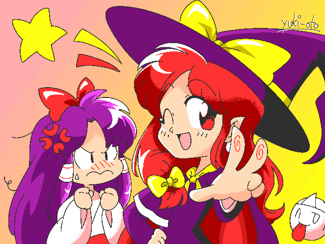 1990s_(style), 2girls, ;d, anger_vein, angry, anime_coloring, artist_name, bakebake_(touhou)