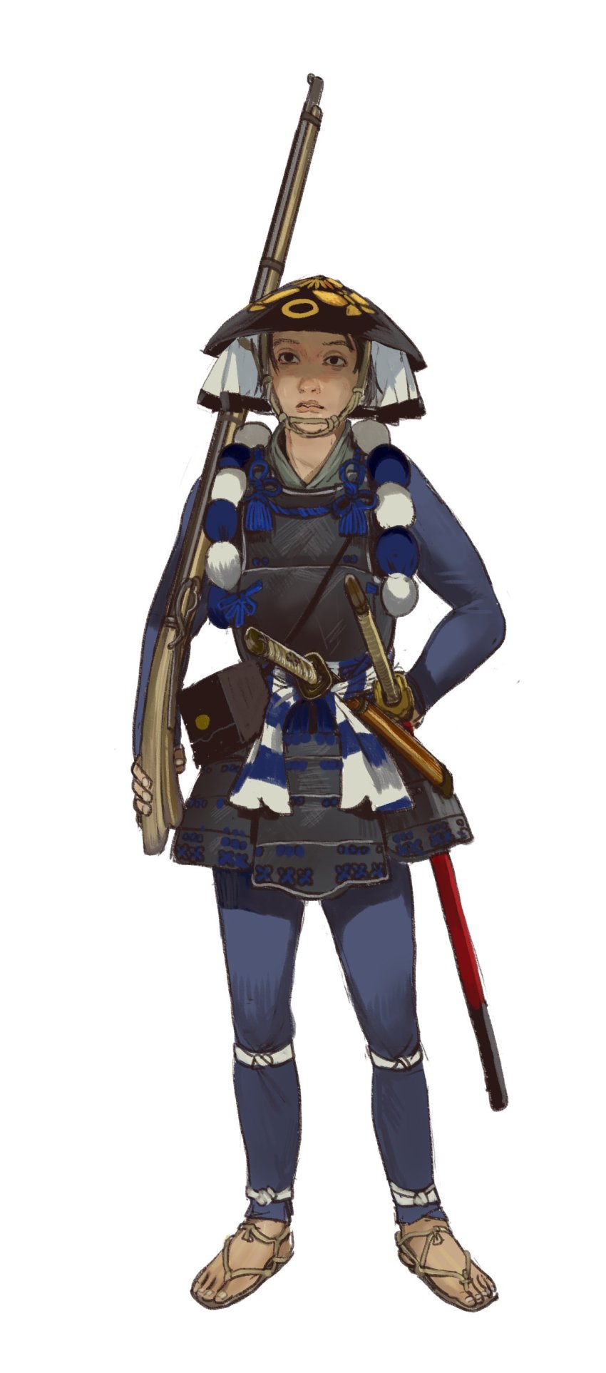 1other, absurdres, androgynous, armor, breastplate, full_body, gun, hat