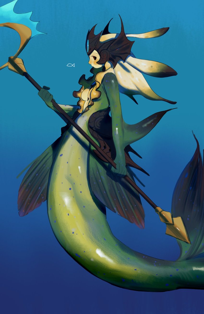 1girl, black_sclera, blue_background, blush, breasts, colored_sclera, colored_skin, from_side