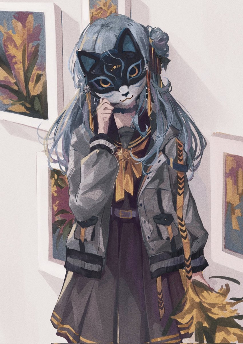 1girl, arm_at_side, black_choker, black_sclera, black_skirt, blue_hair, bouquet, cat_mask, choker, clenched_hand, colored_sclera, covering_face, film_grain, flower, grey_jacket, hair_ribbon, hand_up, highres, holding, holding_bouquet, holding_mask, hololive, hood, hood_down, hooded_jacket, hoshimachi_suisei, hoshimachi_suisei_(sailor), indoors, jacket, kyrl, long_sleeves, mask, multicolored_ribbon, neckerchief, open_clothes, open_jacket, painting_(object), pleated_skirt, purple_ribbon, purple_sailor_collar, purple_shirt, purple_skirt, ribbon, sailor_collar, school_uniform, shirt, skirt, sleeve_cuffs, solo, strap, tassel, upper_body, virtual_youtuber, white_background, yellow_eyes, yellow_neckerchief, yellow_ribbon