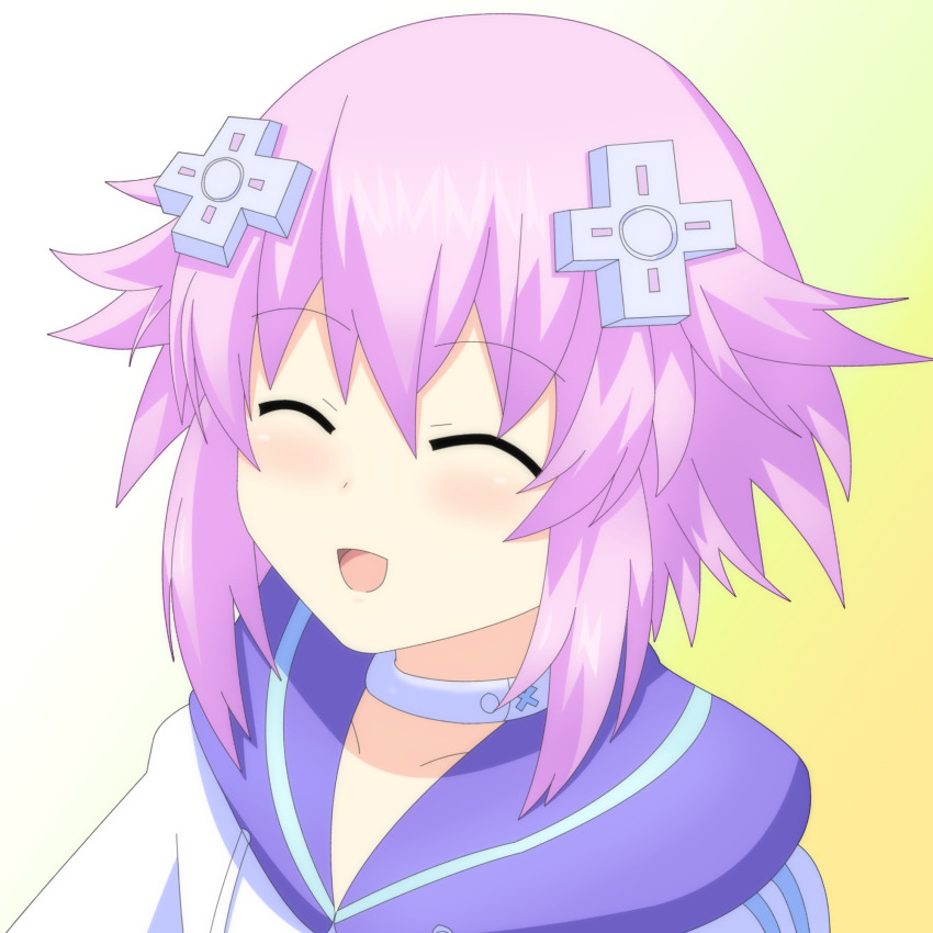1girl, breasts, choker, d-pad, d-pad_hair_ornament, hair_ornament, happy, highres, hood, hoodie, mirroa1015, neptune_(neptunia), neptune_(series), open_mouth, parka, purple_hair, short_hair, small_breast, upper_body, yellow_background
