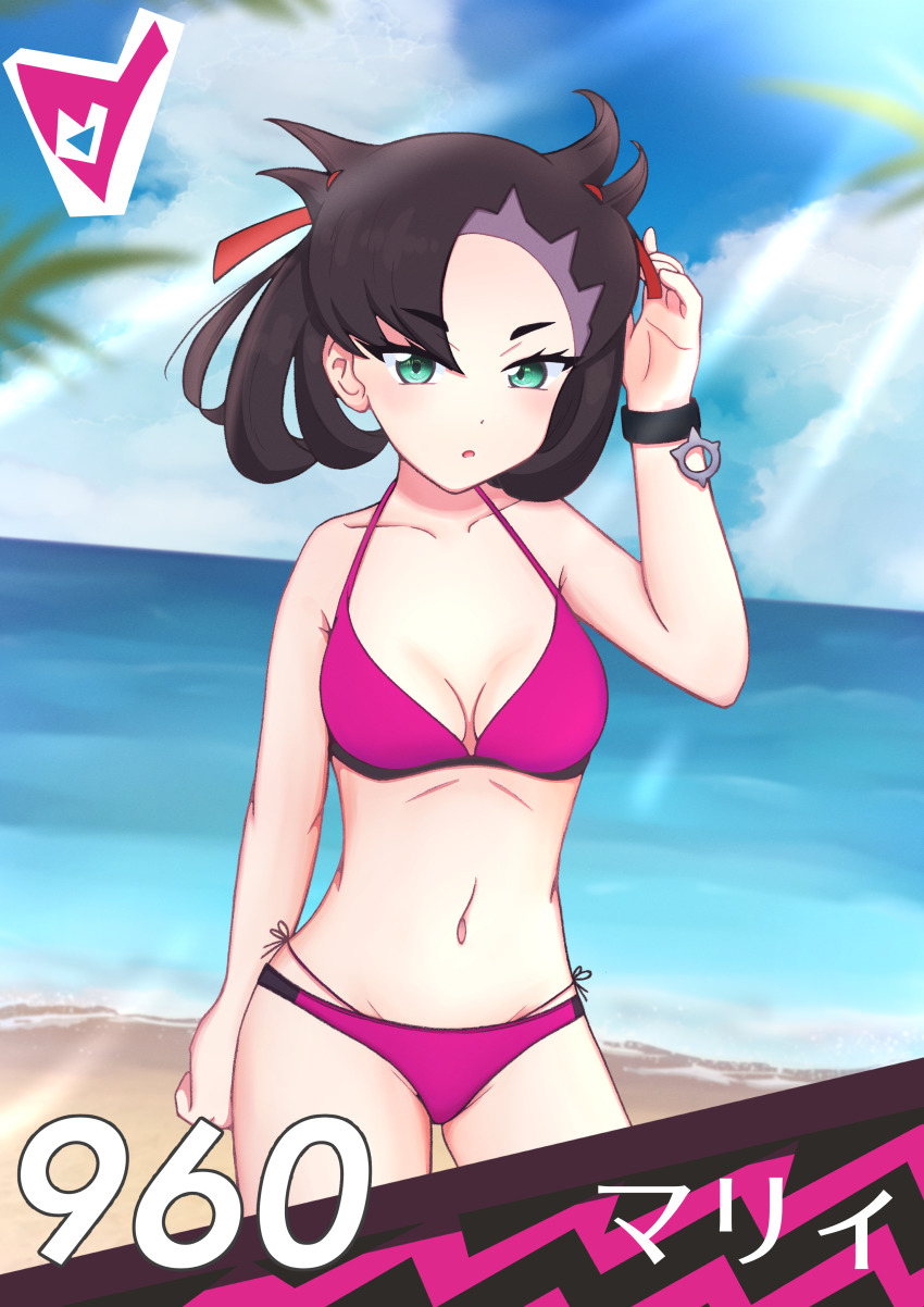 1girl, :o, absurdres, arm_behind_back, asymmetrical_bangs, beach, bikini, black_hair, blue_sky, bracelet, breasts, cloud, day, green_eyes, hair_ribbon, hakusai_(user_nkkd7242), hand_up, highres, jewelry, layered_bikini, looking_at_viewer, marnie_(pokemon), medium_hair, navel, nintendo, parted_lips, pink_bikini, pokemon, pokemon_sword_and_shield, red_ribbon, ribbon, sand, sky, small_breasts, solo, stomach, sunlight, swimsuit, twintails, two_side_up, undercut