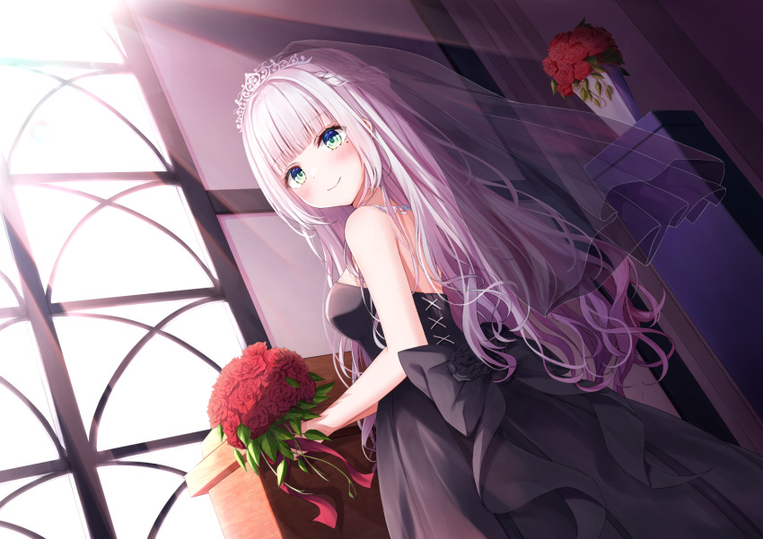 1girl, black_dress, blush, character_request, dress, flower, gown, highres