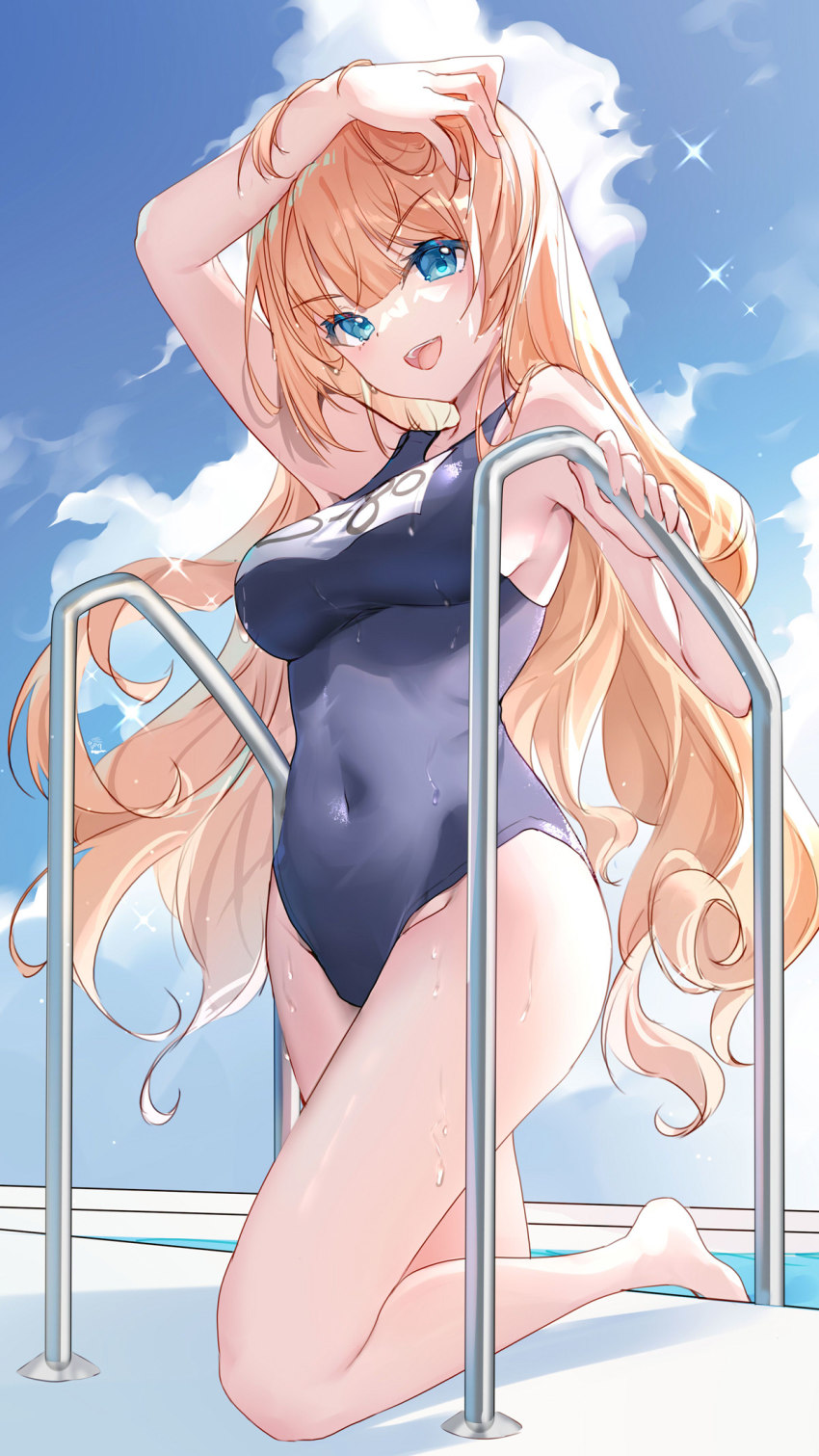 1girl, :d, arm_up, bare_arms, bare_shoulders, barfleur_(warship_girls_r), bison_cangshu, blonde_hair, blue_eyes, blue_one-piece_swimsuit, breasts, covered_navel, day, highres, large_breasts, long_hair, looking_at_viewer, name_tag, one-piece_swimsuit, open_mouth, outdoors, pool_ladder, smile, solo, swimsuit, thighs, v-shaped_eyebrows, very_long_hair, warship_girls_r