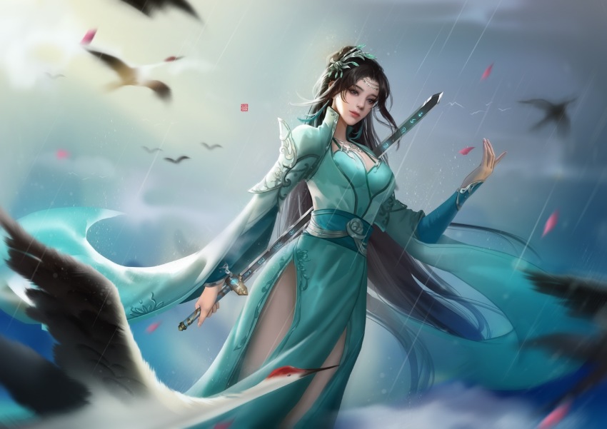 1girl, bird, brown_hair, collared_jacket, doupo_cangqiong, flying, from_below, hair_ornament