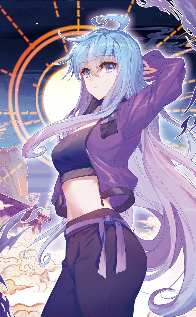 1girl, ahoge, black_pants, closed_mouth, cover, cover_page, douluo_dalu, from_side, hei_zhi_shi, jacket, long_hair, long_sleeves, navel, official_art, pants, purple_jacket, solo, tank_top, third-party_source, upper_body, wang_qiu_er_(douluo_dalu)