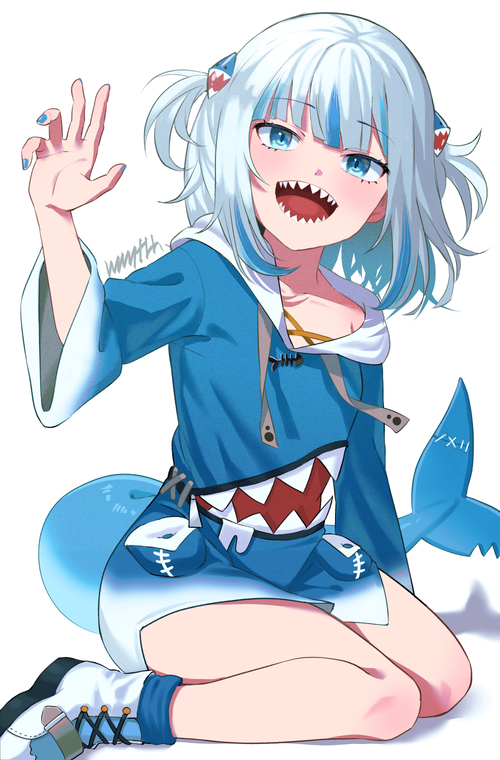 1girl, animal_costume, animal_hood, blue_eyes, blue_hair, blue_hoodie, blunt_bangs, fins