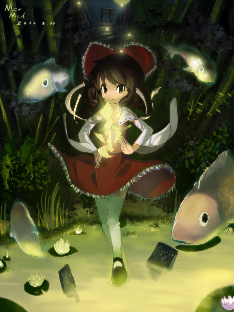 1girl, bow, brown_hair, detached_sleeves, female_focus, fish, hair_bow, hakurei_reimu