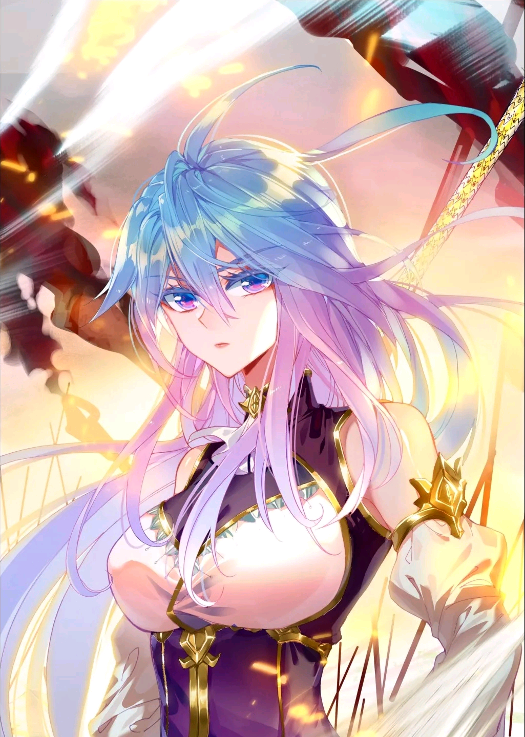 1girl, ahoge, backlighting, cover, cover_page, douluo_dalu, dress, frown